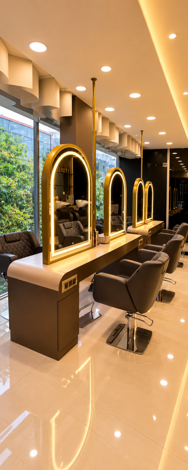 A salon aisle of gold-lit arched mirrors and styling chairs. Editorial photograph, not the Leviosa interior.